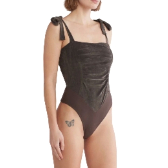 Free People One Haven Velvet Bodysuit Tie Shoulders Earthy Neutral Size XS NWT - Picture 2 of 14